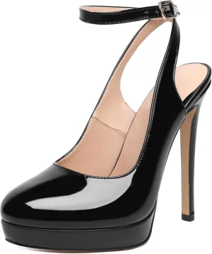 Joseywade Women's Platform Heels Slingback Round Toe Slim Thin Stilettos High Heel Pumps Ankle Strap Comfort Wedding Dress Shoes 5 Inch