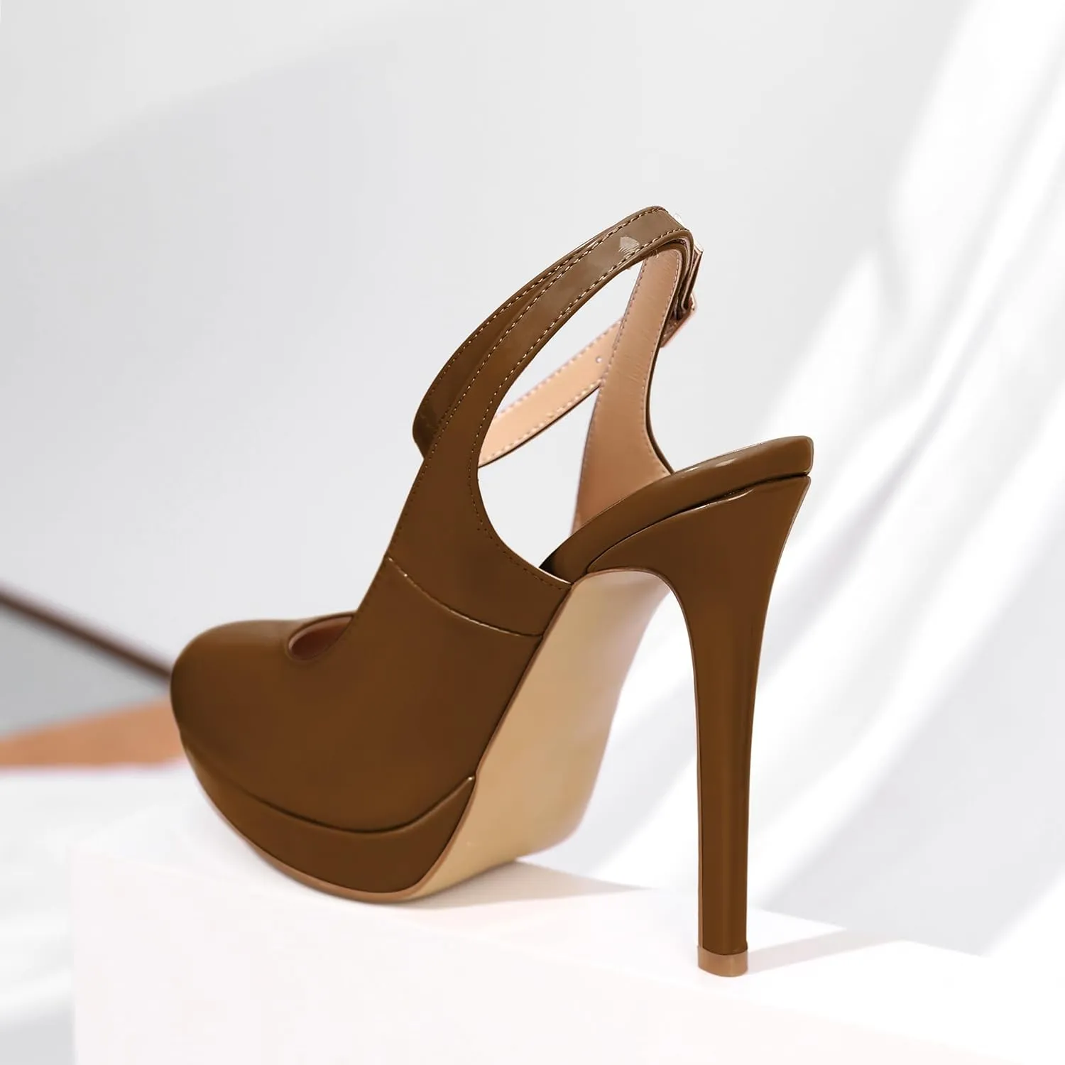 Joseywade Women's Platform Heels Slingback Round Toe Slim Thin Stilettos High Heel Pumps Ankle Strap Comfort Wedding Dress Shoes 5 Inch