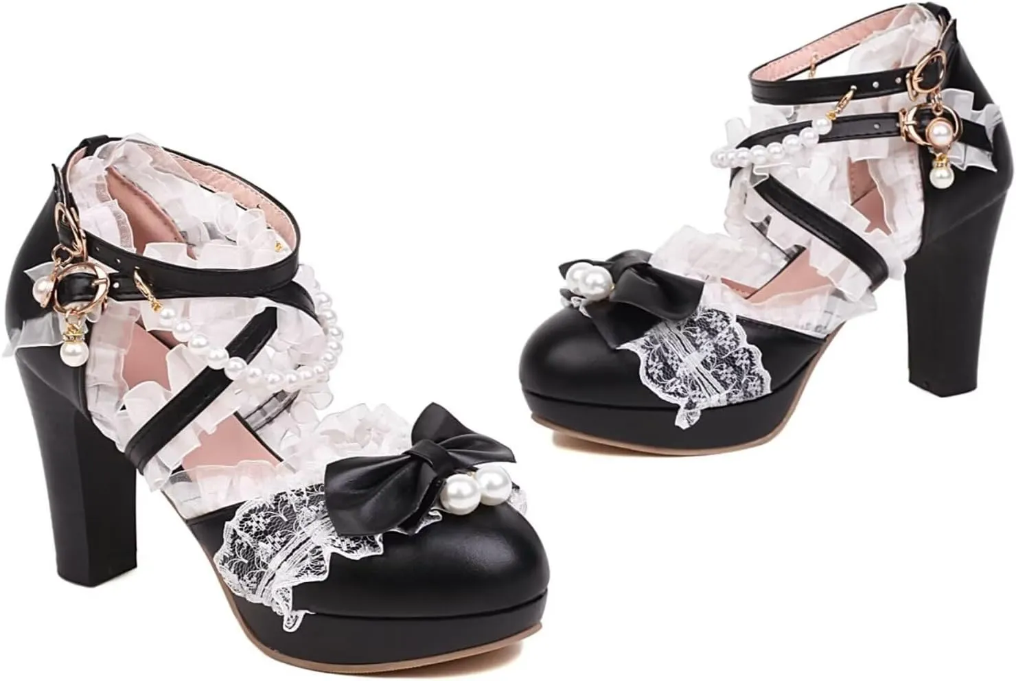 Kawii Shoes Bow Pearl Heels Lolita Platform Heels for Women Lace Cute Mary Janes Pumps