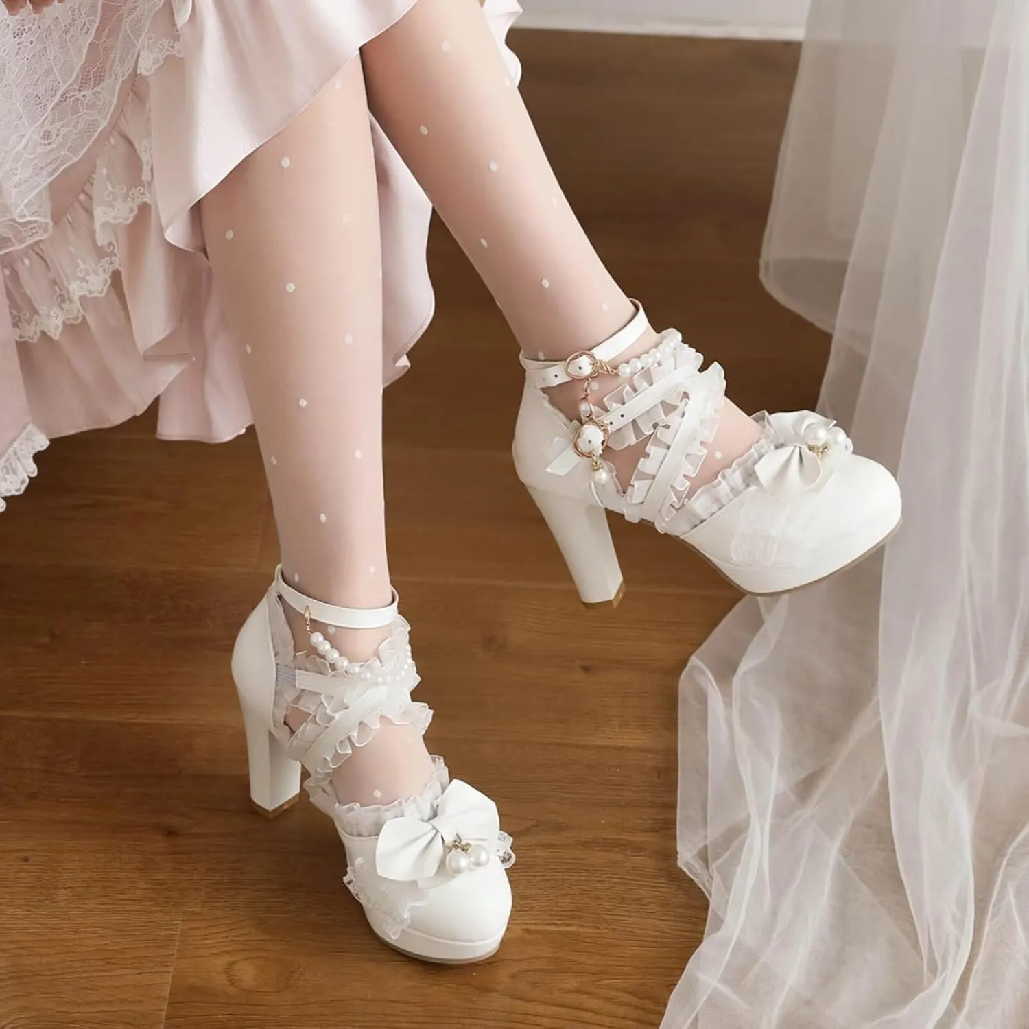 Kawii Shoes Bow Pearl Heels Lolita Platform Heels for Women Lace Cute Mary Janes Pumps