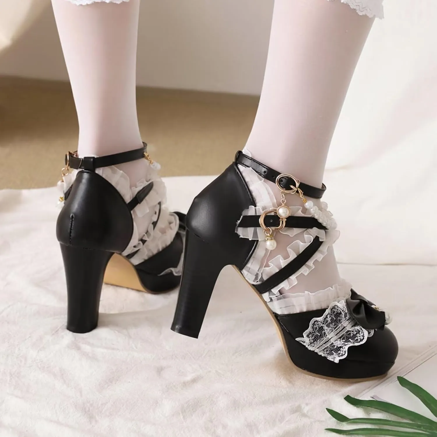 Kawii Shoes Bow Pearl Heels Lolita Platform Heels for Women Lace Cute Mary Janes Pumps