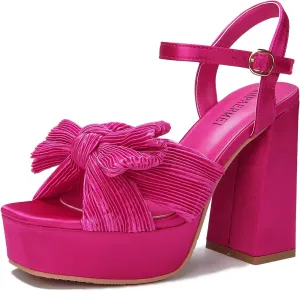 KHPAERMEI Bow Knot Platform Heels for Women Fashion Open Toe Chunky Heeled Sandals Ankle Strap Wedding Party Dress High Heels