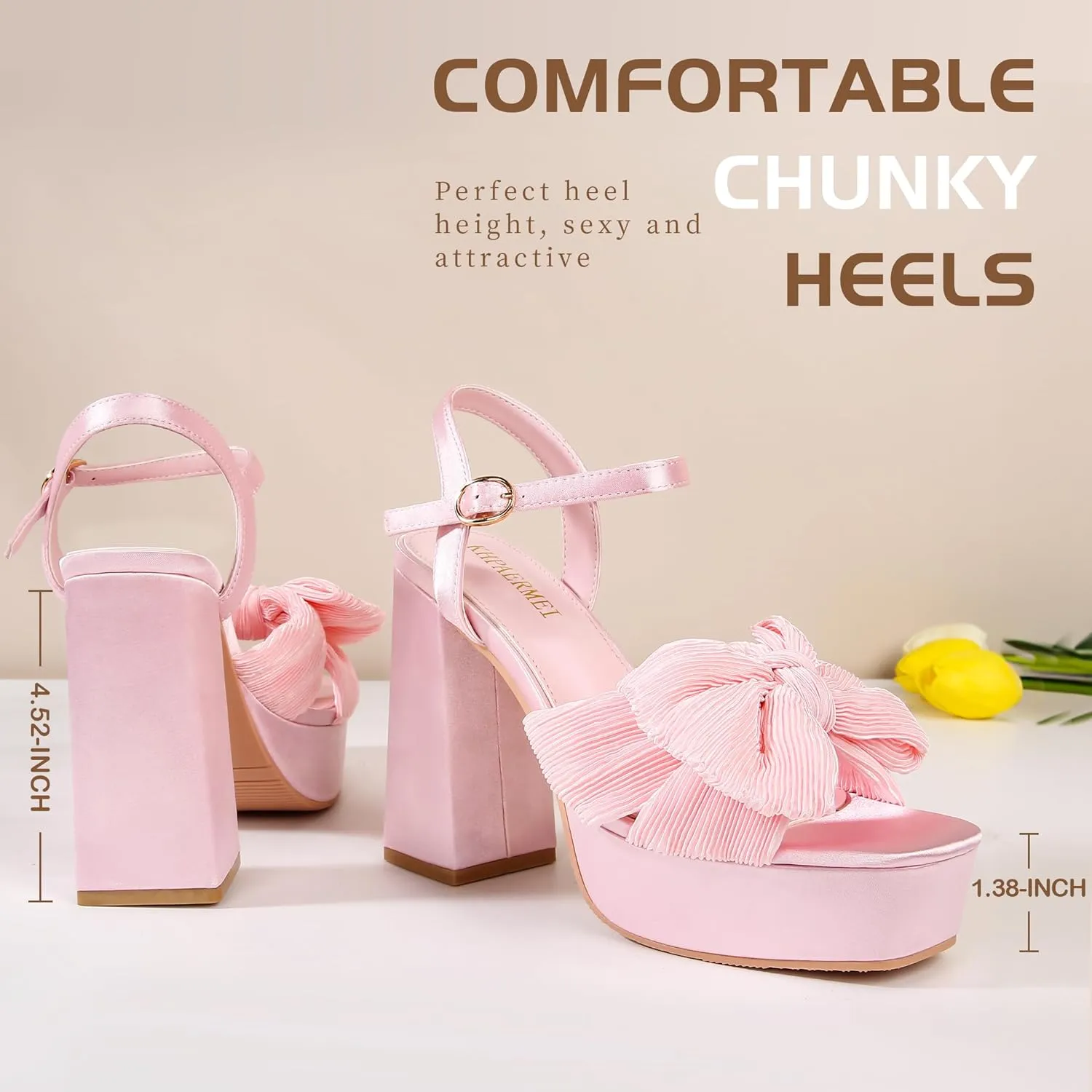KHPAERMEI Bow Knot Platform Heels for Women Fashion Open Toe Chunky Heeled Sandals Ankle Strap Wedding Party Dress High Heels