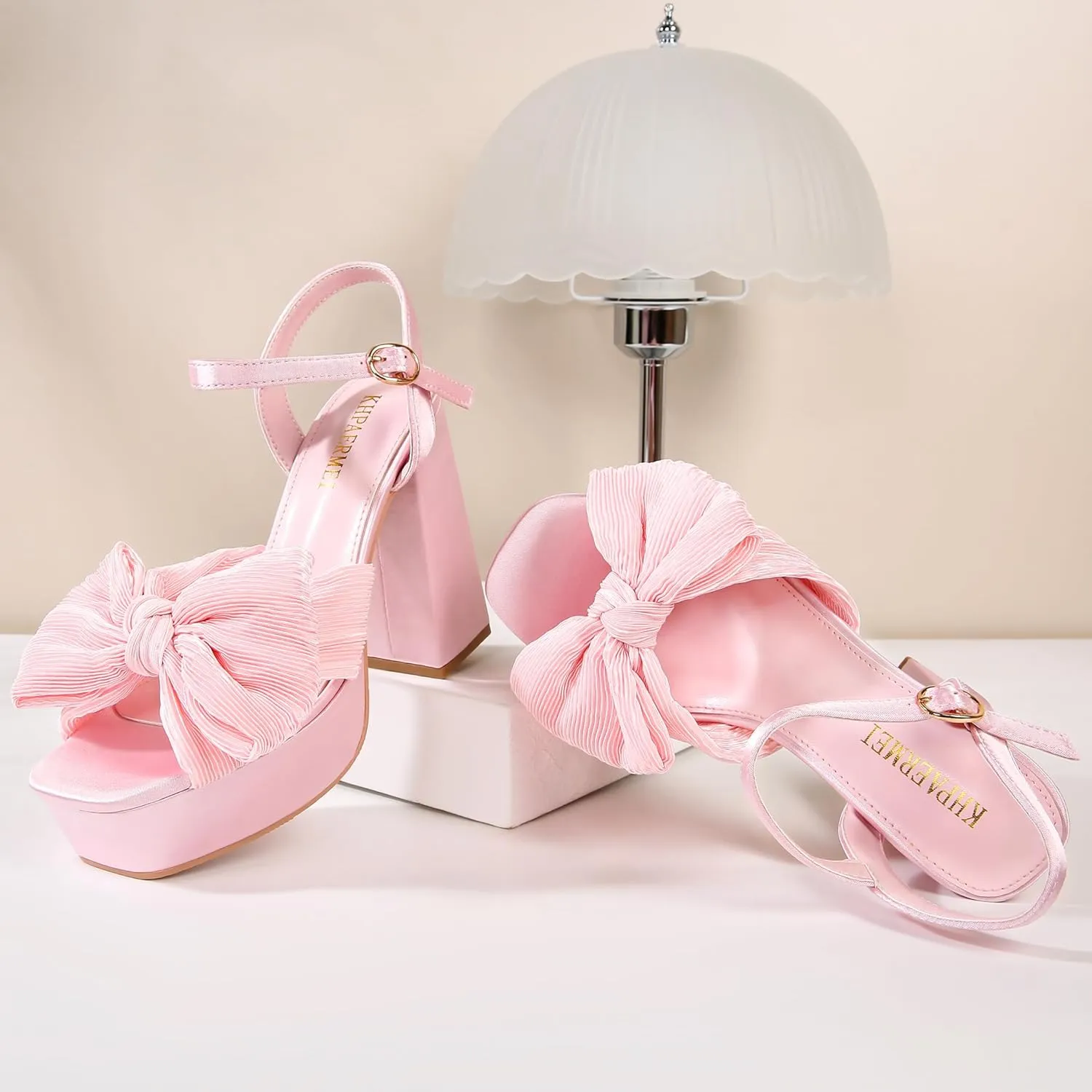 KHPAERMEI Bow Knot Platform Heels for Women Fashion Open Toe Chunky Heeled Sandals Ankle Strap Wedding Party Dress High Heels