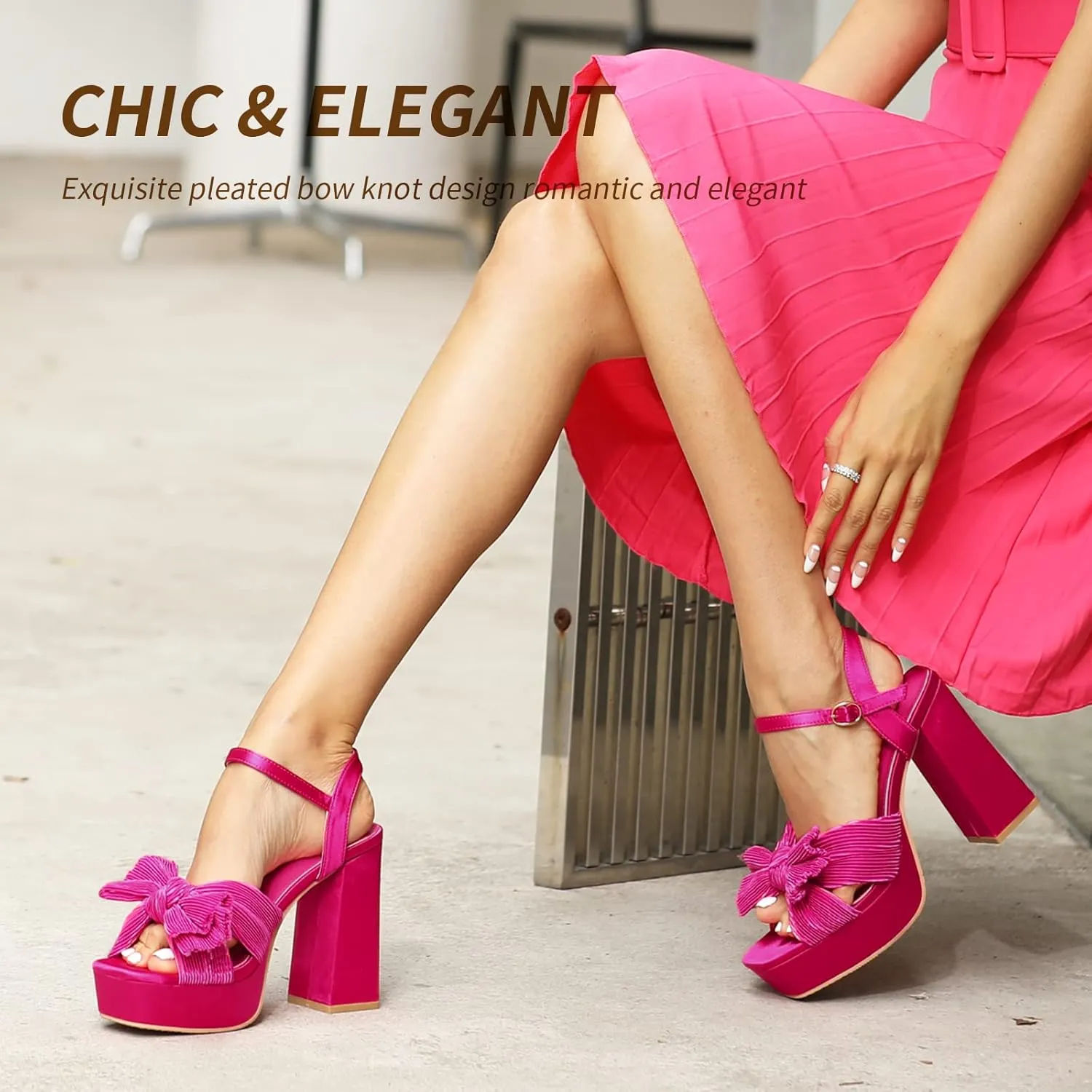 KHPAERMEI Bow Knot Platform Heels for Women Fashion Open Toe Chunky Heeled Sandals Ankle Strap Wedding Party Dress High Heels