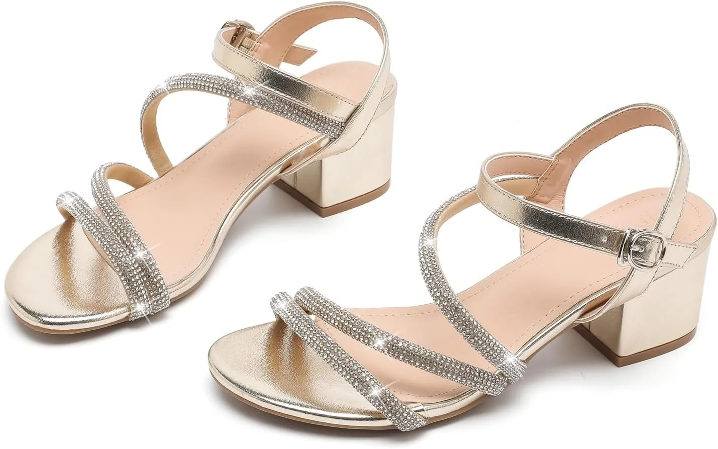 kkdom Women's Strappy Glitter Rhinestone Low Chunky Block Heel Sandals Open Toe Sparkle Bling Dress Shoes