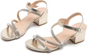 kkdom Women's Strappy Glitter Rhinestone Low Chunky Block Heel Sandals Open Toe Sparkle Bling Dress Shoes