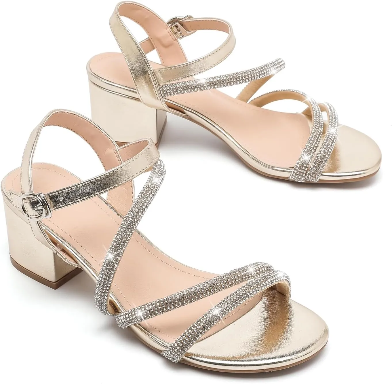 kkdom Women's Strappy Glitter Rhinestone Low Chunky Block Heel Sandals Open Toe Sparkle Bling Dress Shoes