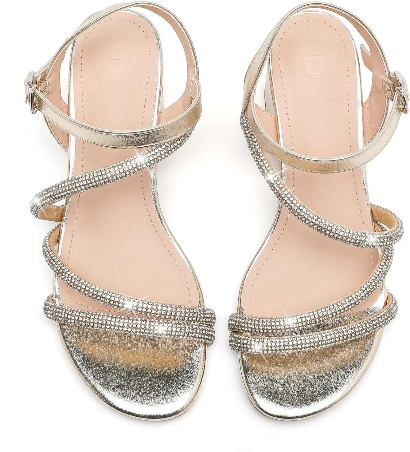 kkdom Women's Strappy Glitter Rhinestone Low Chunky Block Heel Sandals Open Toe Sparkle Bling Dress Shoes