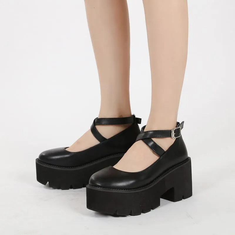 KOKOMOMO Womens Round Toe Platform Ankle Strap Pumps Chunky High Heels Goth Shoes