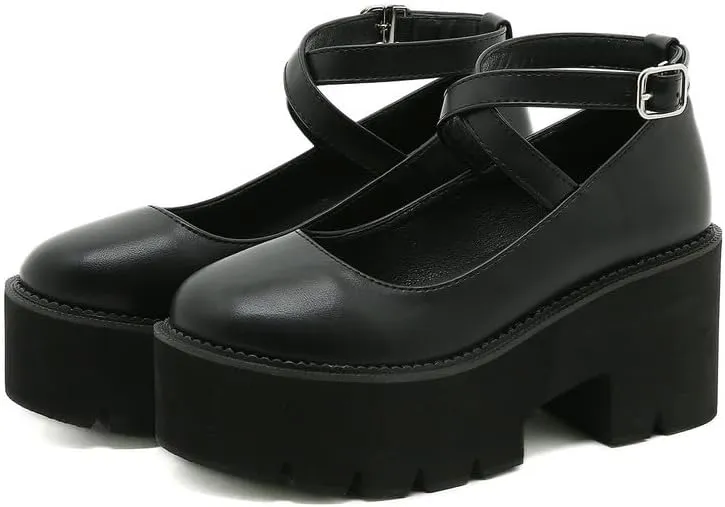 KOKOMOMO Womens Round Toe Platform Ankle Strap Pumps Chunky High Heels Goth Shoes