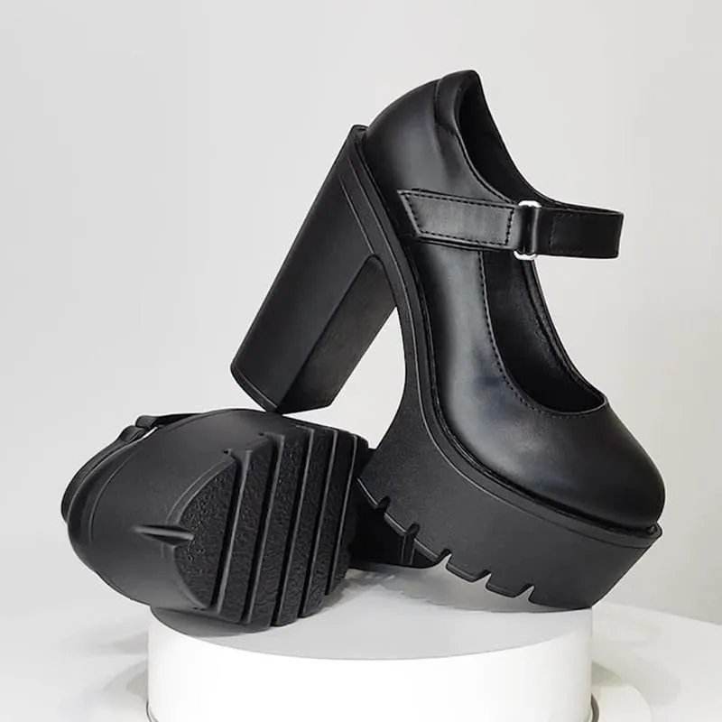 KOKOMOMO Womens Round Toe Platform Ankle Strap Pumps Chunky High Heels Goth Shoes