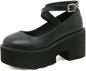 KOKOMOMO Womens Round Toe Platform Ankle Strap Pumps Chunky High Heels Goth Shoes