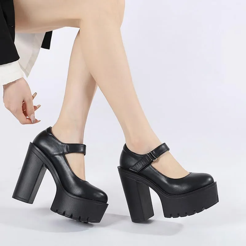 KOKOMOMO Womens Round Toe Platform Ankle Strap Pumps Chunky High Heels Goth Shoes
