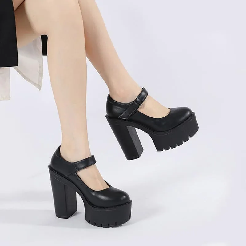 KOKOMOMO Womens Round Toe Platform Ankle Strap Pumps Chunky High Heels Goth Shoes