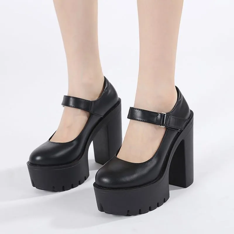 KOKOMOMO Womens Round Toe Platform Ankle Strap Pumps Chunky High Heels Goth Shoes