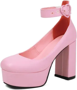 KOKOMOMO Womens Round Toe Platform Ankle Strap Pumps Chunky High Heels Goth Shoes