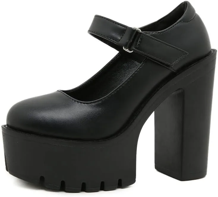 KOKOMOMO Womens Round Toe Platform Ankle Strap Pumps Chunky High Heels Goth Shoes