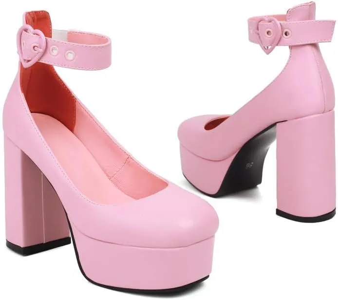 KOKOMOMO Womens Round Toe Platform Ankle Strap Pumps Chunky High Heels Goth Shoes