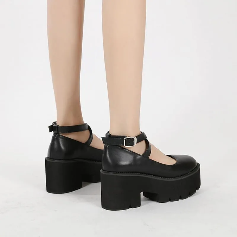 KOKOMOMO Womens Round Toe Platform Ankle Strap Pumps Chunky High Heels Goth Shoes
