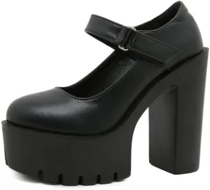 KOKOMOMO Womens Round Toe Platform Ankle Strap Pumps Chunky High Heels Goth Shoes