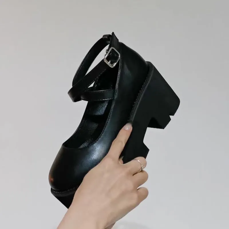 KOKOMOMO Womens Round Toe Platform Ankle Strap Pumps Chunky High Heels Goth Shoes