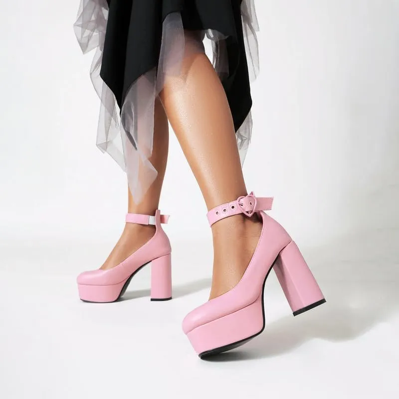 KOKOMOMO Womens Round Toe Platform Ankle Strap Pumps Chunky High Heels Goth Shoes
