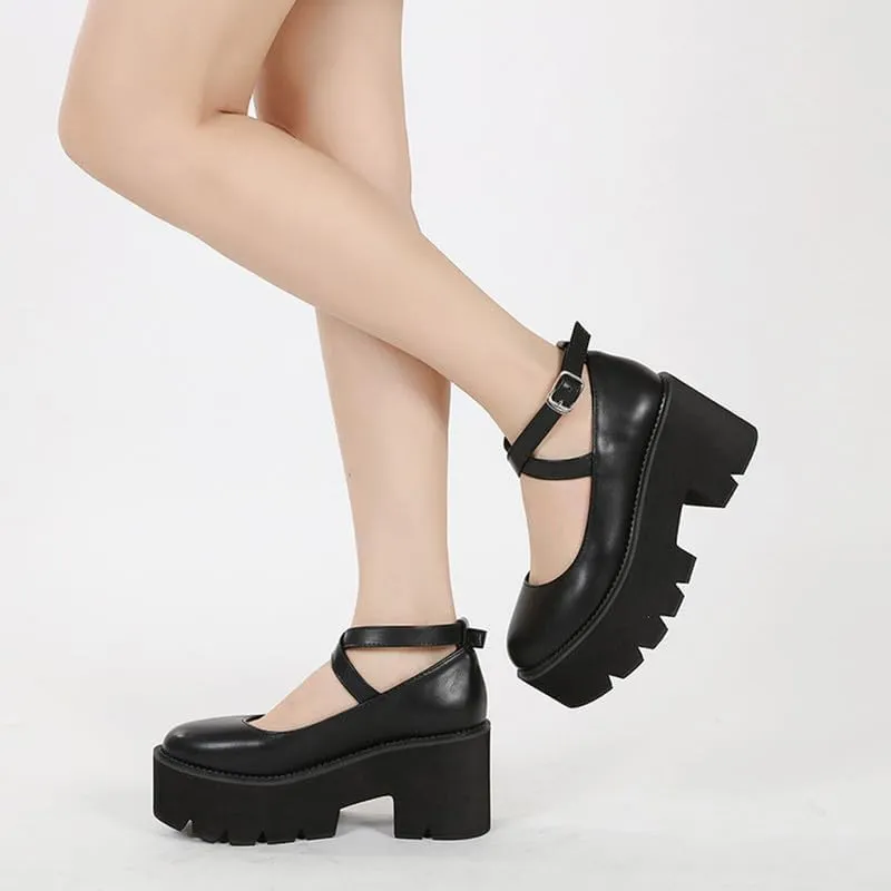 KOKOMOMO Womens Round Toe Platform Ankle Strap Pumps Chunky High Heels Goth Shoes