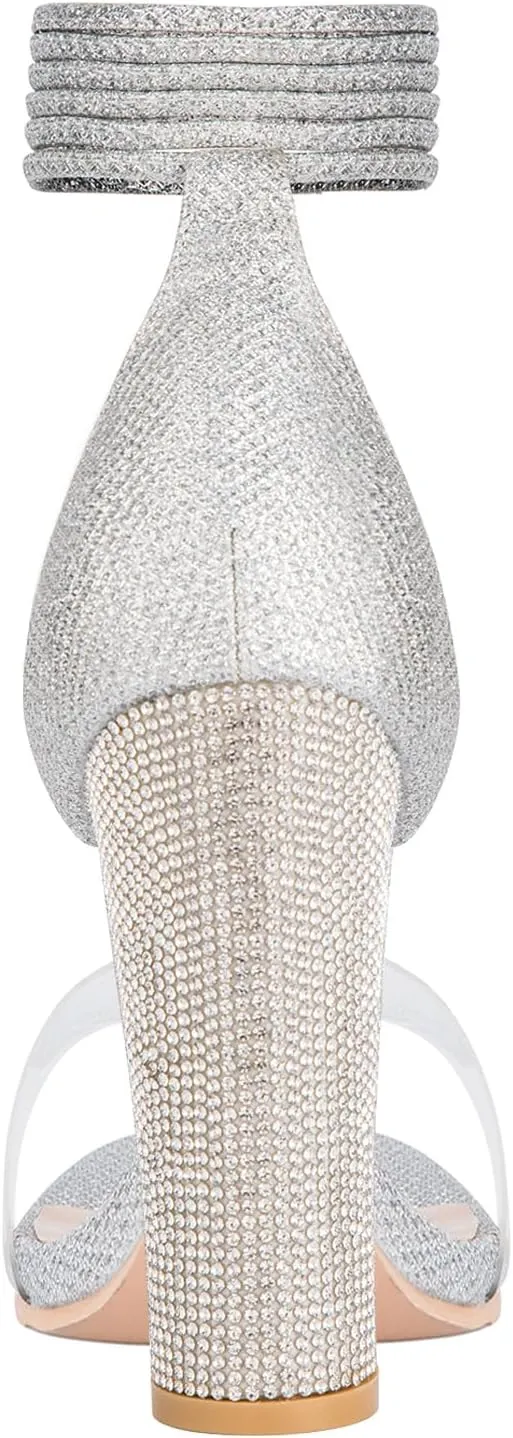 LALA IKAI Chunky Heels Sandals for Women Comfy Open Toe Strappy Rhinestone High Heeled Sandals White Silver Gold Black Ankle Clear Heels for Party Wedding