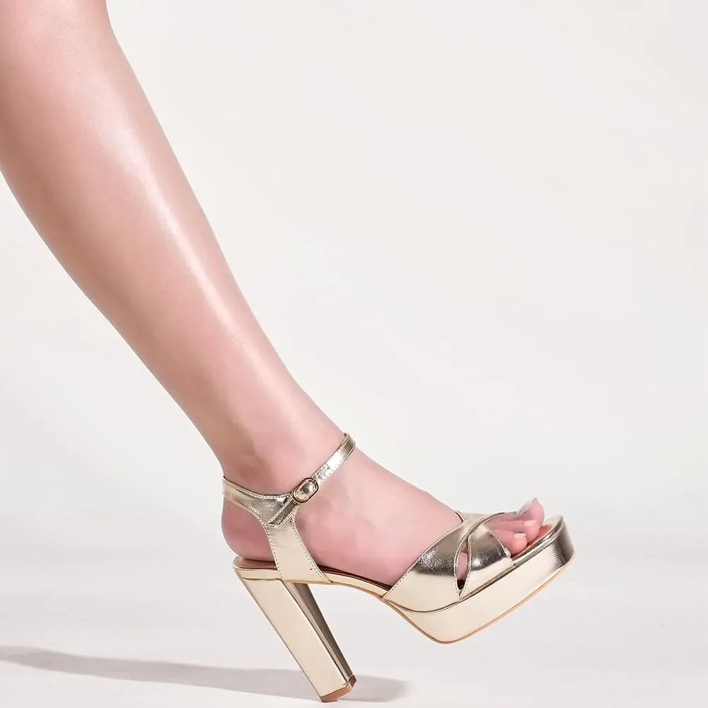 LALA IKAI Women's Gold Platform Heels Chunky High Heels Square Toe Ankle Strap Heeled Sandals Wedding Party Evening
