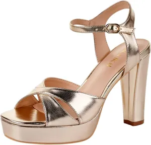 LALA IKAI Women's Gold Platform Heels Chunky High Heels Square Toe Ankle Strap Heeled Sandals Wedding Party Evening