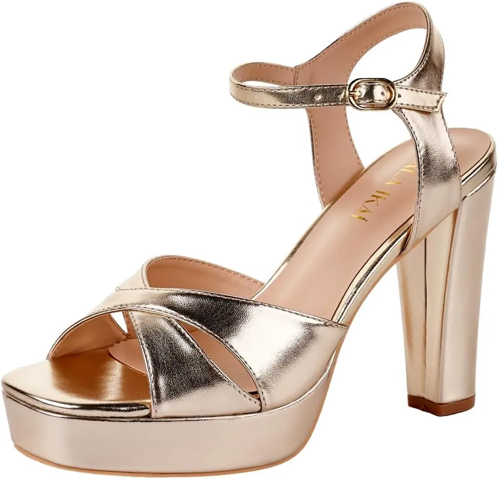LALA IKAI Women's Gold Platform Heels Chunky High Heels Square Toe Ankle Strap Heeled Sandals Wedding Party Evening