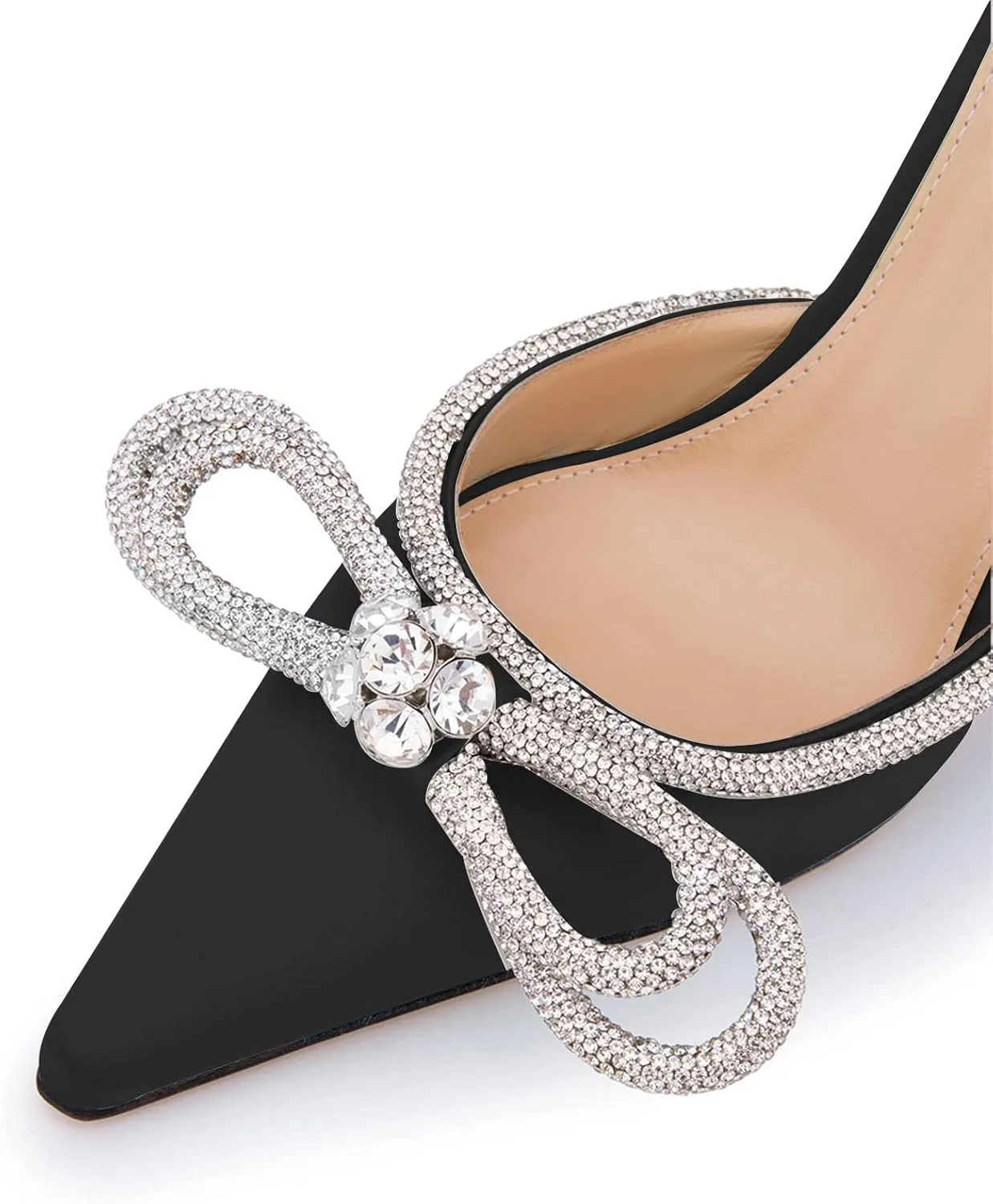 LauraVicci Women High Heeled Mules Rhinestone Embellished Crystal Double Bow Satin Sandals Pointy Toe Stiletto Shoes Summer Bridal Shoes