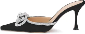 LauraVicci Women High Heeled Mules Rhinestone Embellished Crystal Double Bow Satin Sandals Pointy Toe Stiletto Shoes Summer Bridal Shoes