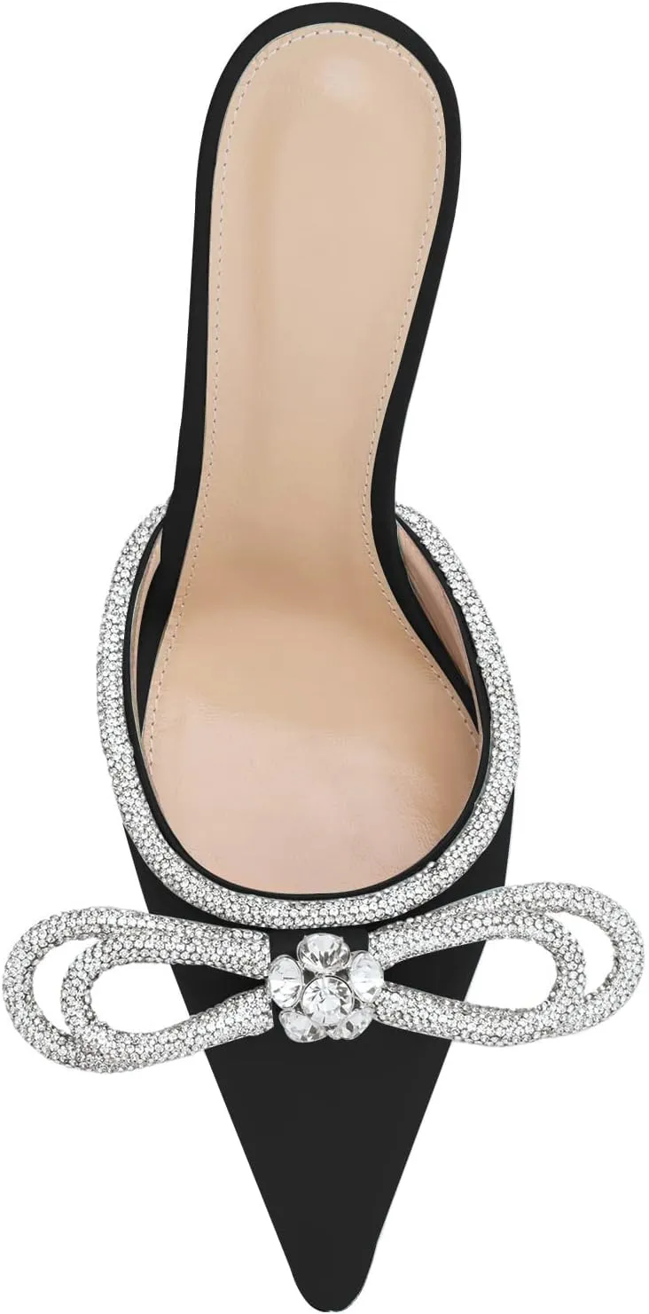 LauraVicci Women High Heeled Mules Rhinestone Embellished Crystal Double Bow Satin Sandals Pointy Toe Stiletto Shoes Summer Bridal Shoes