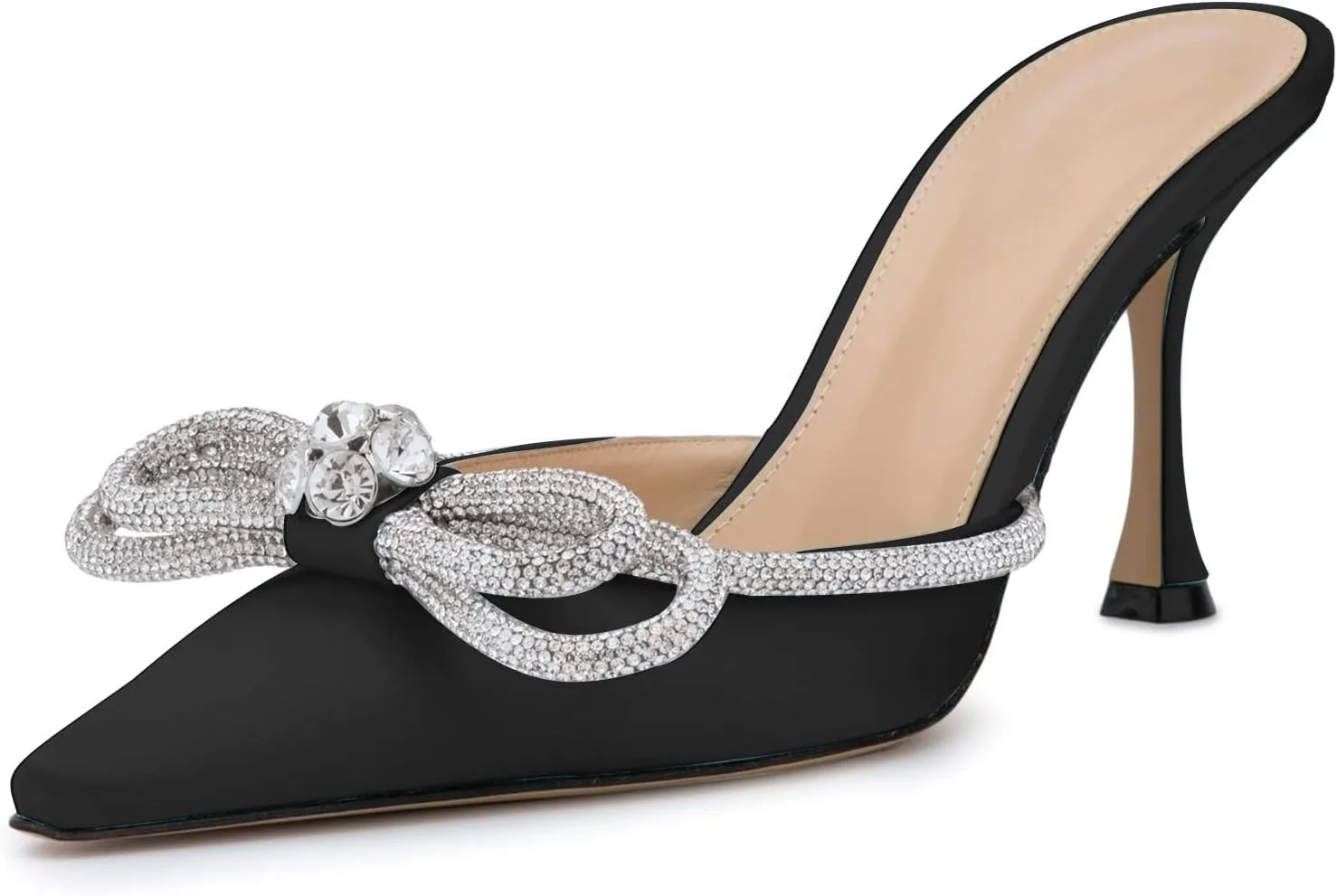 LauraVicci Women High Heeled Mules Rhinestone Embellished Crystal Double Bow Satin Sandals Pointy Toe Stiletto Shoes Summer Bridal Shoes