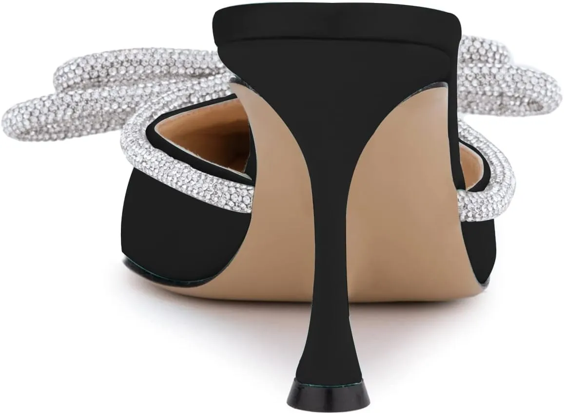 LauraVicci Women High Heeled Mules Rhinestone Embellished Crystal Double Bow Satin Sandals Pointy Toe Stiletto Shoes Summer Bridal Shoes