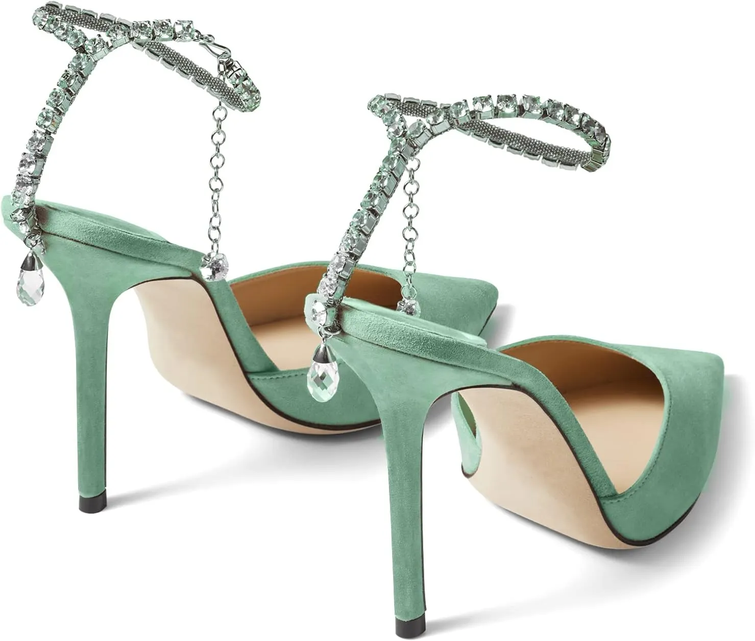 LauraVicci Women's Heeled Sandals Crystal Chain Ankle Straps Rhinestones Buckle High Heels Stiletto Slip On Wedding Party Satin Dress Shoes