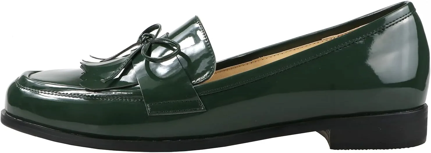 LEMUTISME Women's Trendy Patent Leather Comfort Casual Closed Round Toe Slip On Bow-Knot Dress Flat Loafers Pump Shoes with Tassal
