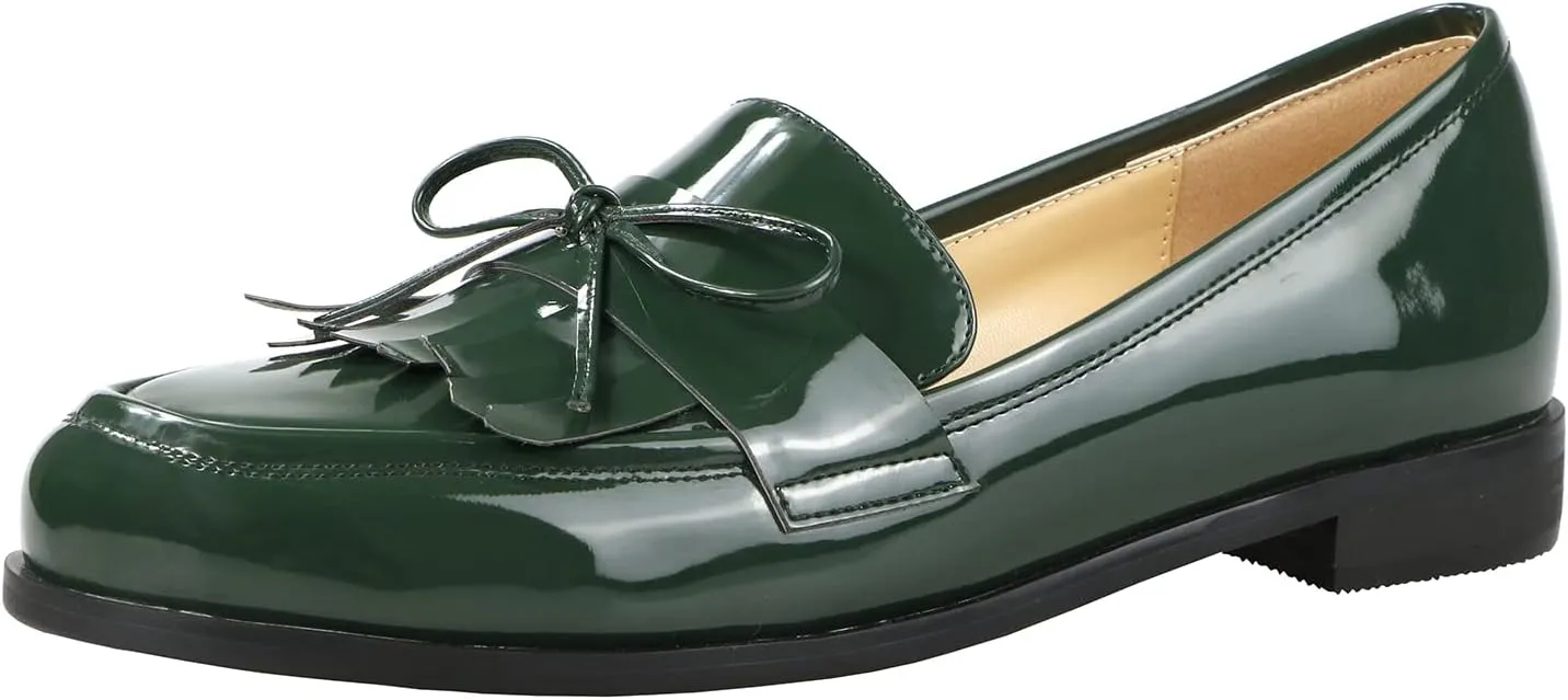 LEMUTISME Women's Trendy Patent Leather Comfort Casual Closed Round Toe Slip On Bow-Knot Dress Flat Loafers Pump Shoes with Tassal