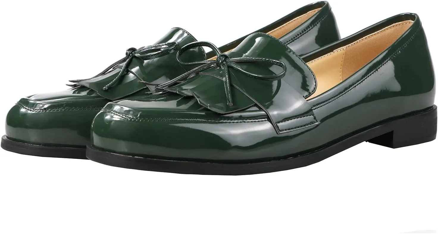 LEMUTISME Women's Trendy Patent Leather Comfort Casual Closed Round Toe Slip On Bow-Knot Dress Flat Loafers Pump Shoes with Tassal