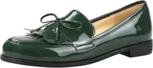 LEMUTISME Women's Trendy Patent Leather Comfort Casual Closed Round Toe Slip On Bow-Knot Dress Flat Loafers Pump Shoes with Tassal