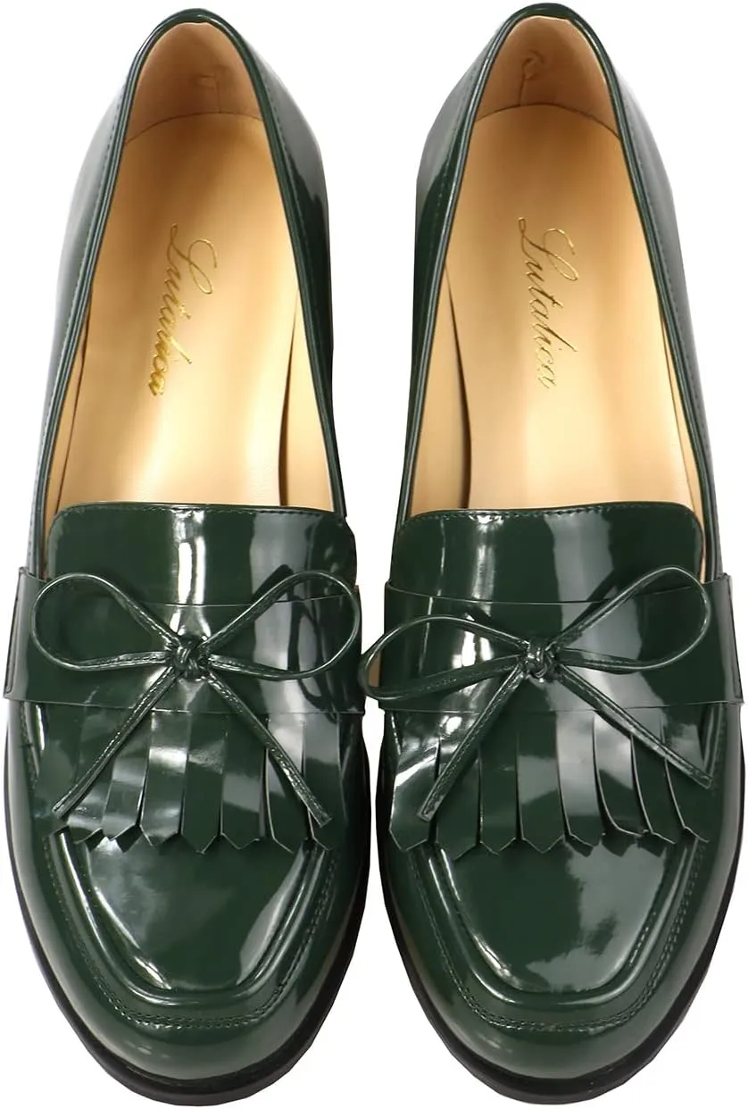 LEMUTISME Women's Trendy Patent Leather Comfort Casual Closed Round Toe Slip On Bow-Knot Dress Flat Loafers Pump Shoes with Tassal