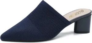 LIURUIJIA Women's Pointed Toe Mules Heels Chunky Heeled Sandals Breathable Mesh Knit Slip On Dress Sandals For Women