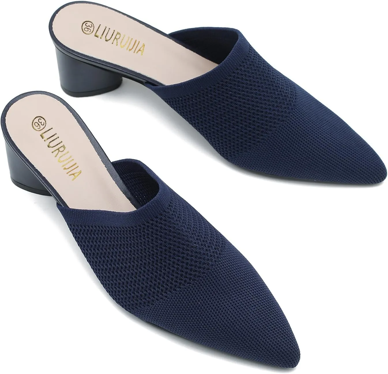 LIURUIJIA Women's Pointed Toe Mules Heels Chunky Heeled Sandals Breathable Mesh Knit Slip On Dress Sandals For Women