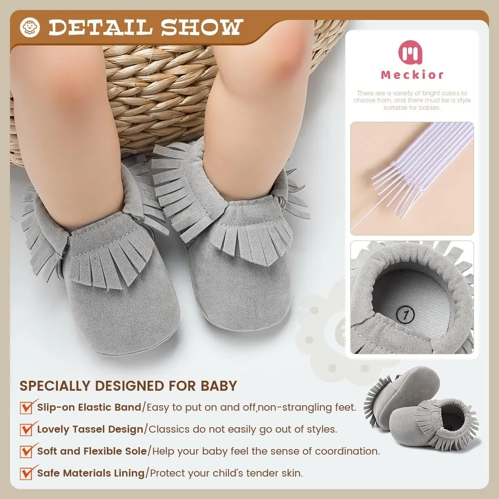 Meckior Infant Baby Girls Boys Premium Soft Sole Tassel Bowknot Moccasins Toddler Prewalker Princess Anti-Slip Crib Baptism Loafers Shoes