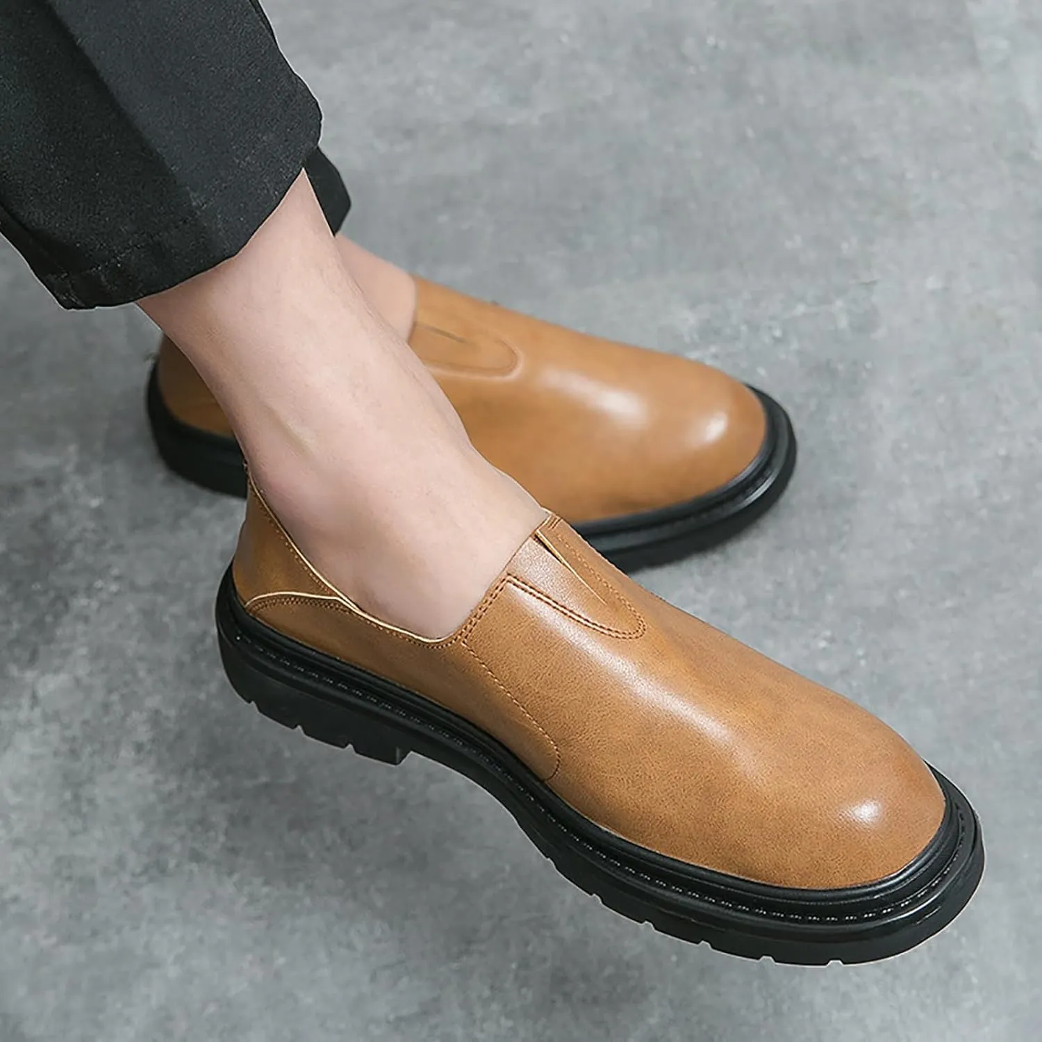 Men's Chunky Heel Lug Sole Slip-on Loafers,Comfort Soft Moccasin Lightweight Driving Walking Penny Shoes Casual Dressy Office Work Shoes