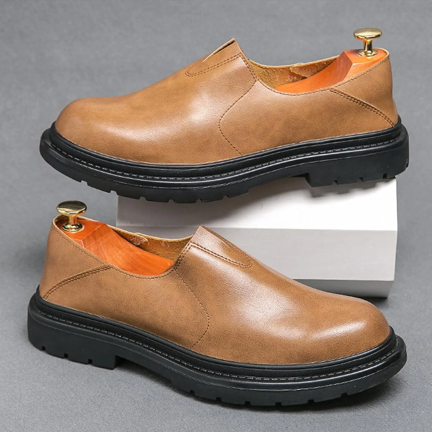 Men's Chunky Heel Lug Sole Slip-on Loafers,Comfort Soft Moccasin Lightweight Driving Walking Penny Shoes Casual Dressy Office Work Shoes