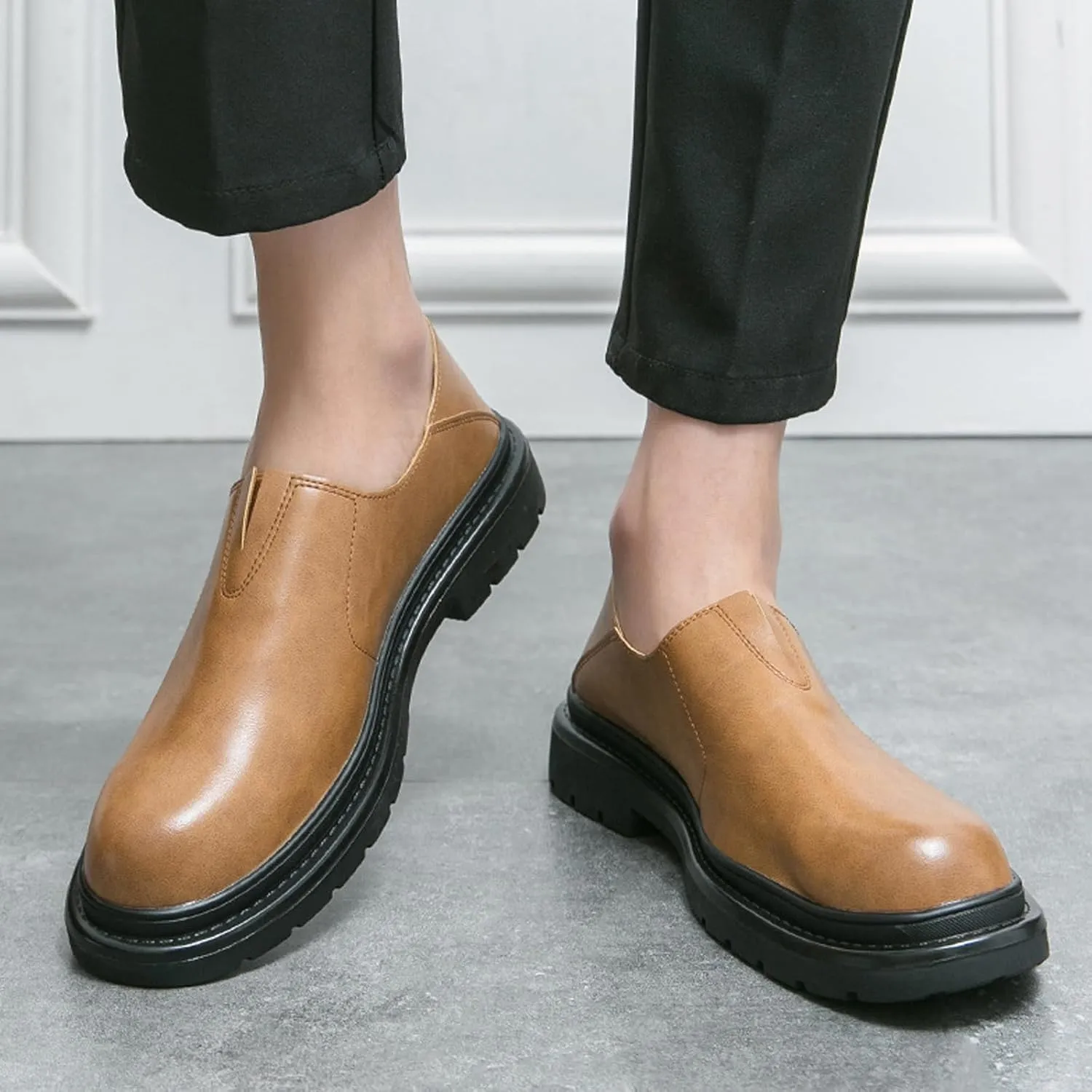 Men's Chunky Heel Lug Sole Slip-on Loafers,Comfort Soft Moccasin Lightweight Driving Walking Penny Shoes Casual Dressy Office Work Shoes