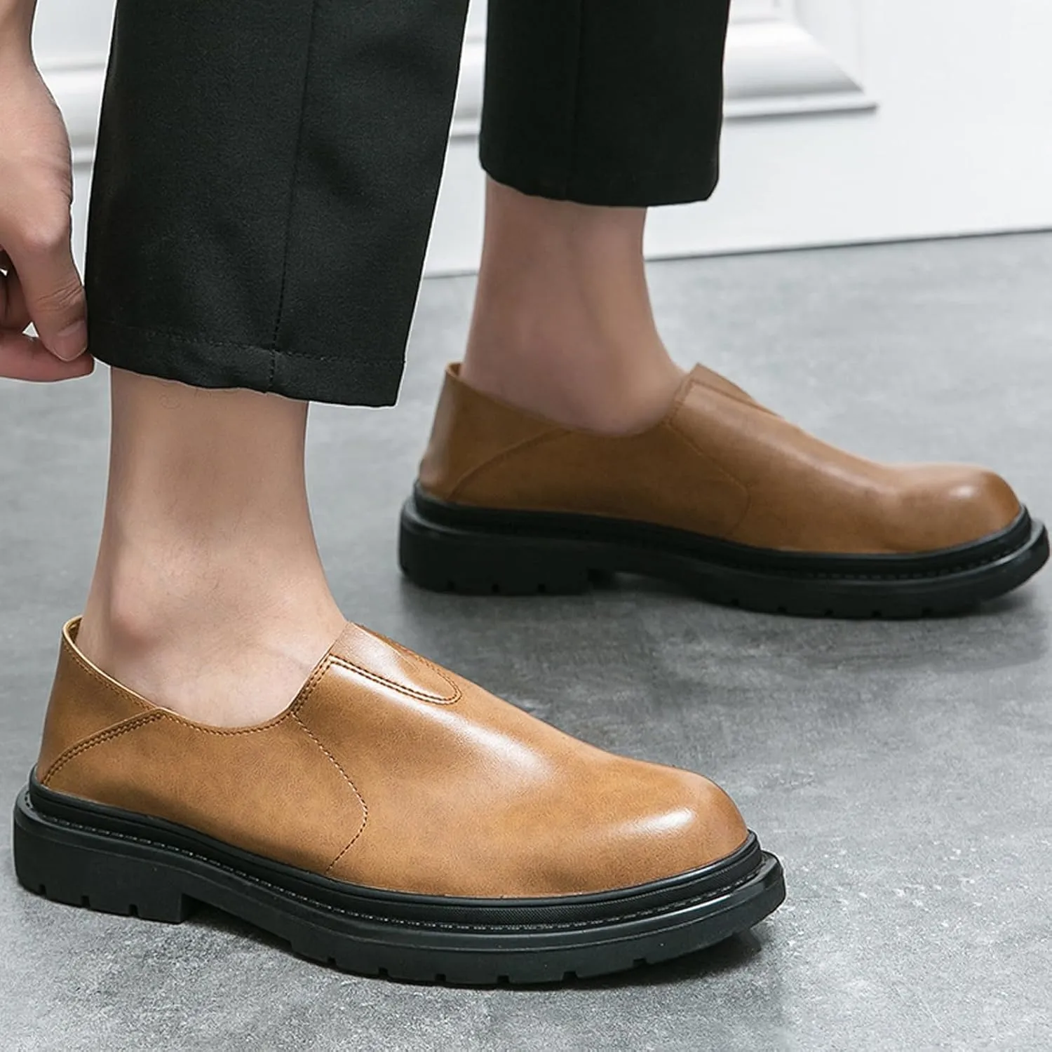 Men's Chunky Heel Lug Sole Slip-on Loafers,Comfort Soft Moccasin Lightweight Driving Walking Penny Shoes Casual Dressy Office Work Shoes